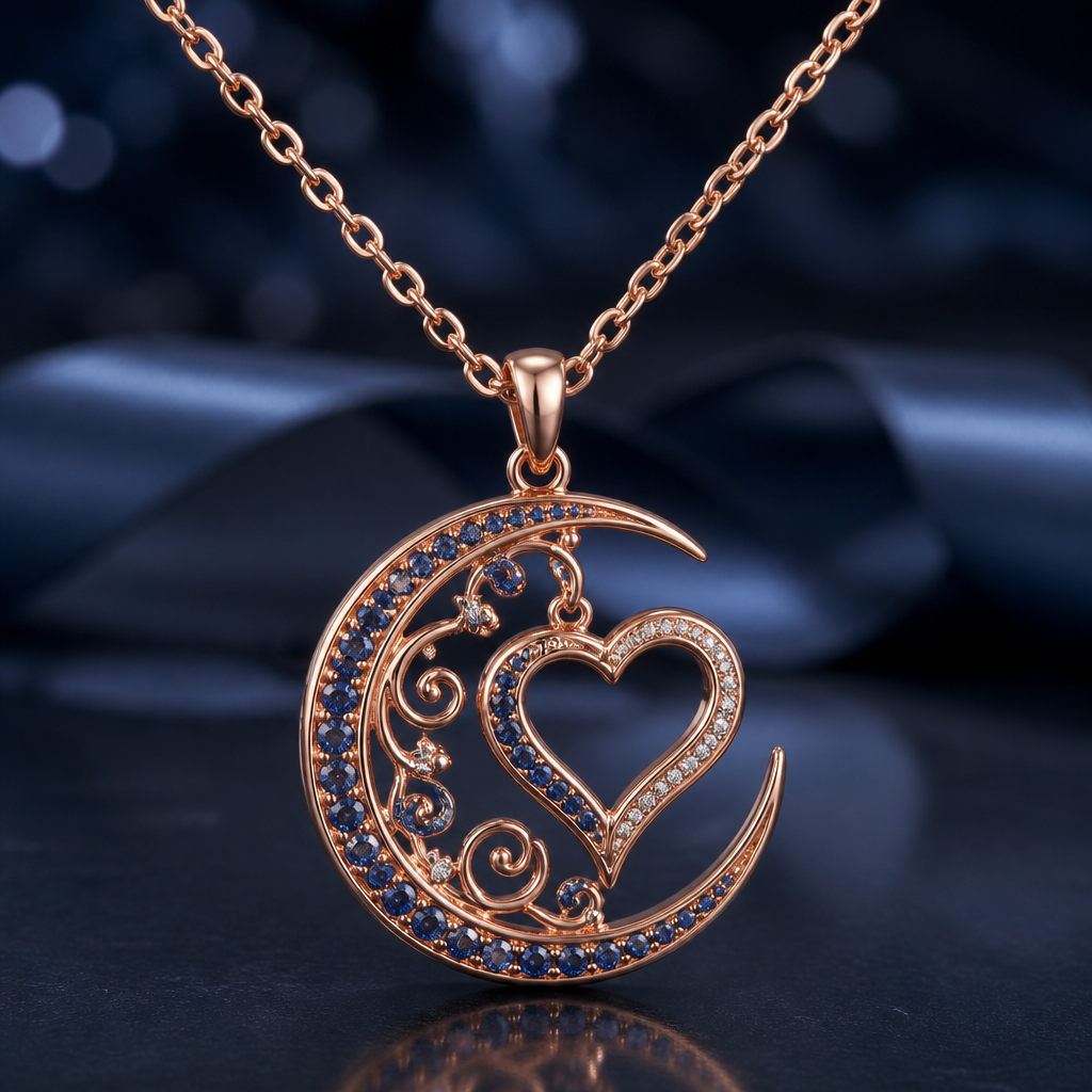 A romantic women's necklace made of rose gold with sapphire stones suitable for anniversary, detailed and decorative, moderately ornate. Sapphire moon with a heart inside letters saying I love you to the moon and back with shiny gold chain
photorealistic jewelry design, A romantic women's necklace made of rose gold with sapphire stones suitable for anniversary, detailed and decorative, moderately ornate. Sapphire moon with a heart inside letters saying I love you to the moon and back with shiny gold chain, romantic style, just the design no text