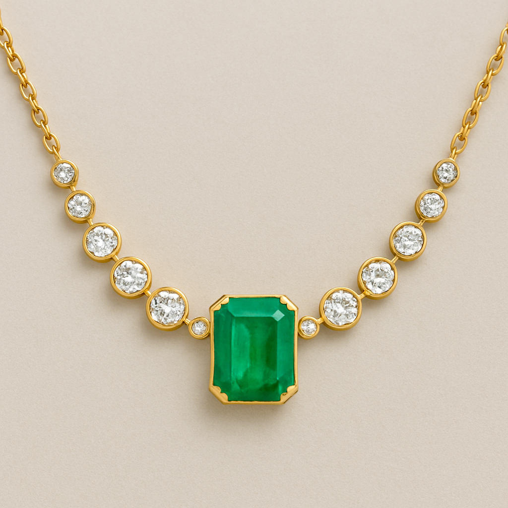 Diamond station necklace with one center emerald 