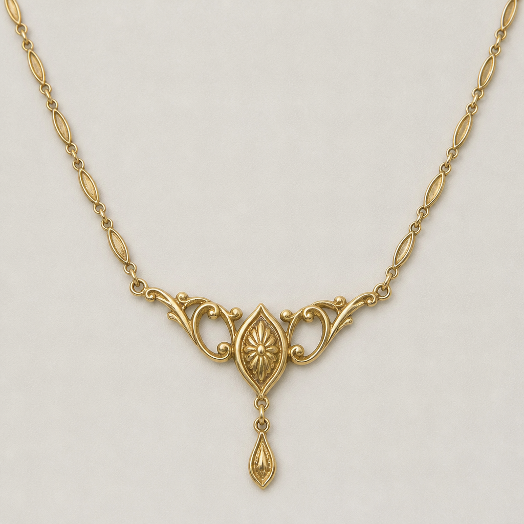 A vintage women's necklace made of gold. simple
photorealistic jewelry design, A vintage women's necklace made of gold. simple, vintage style, just the design no text