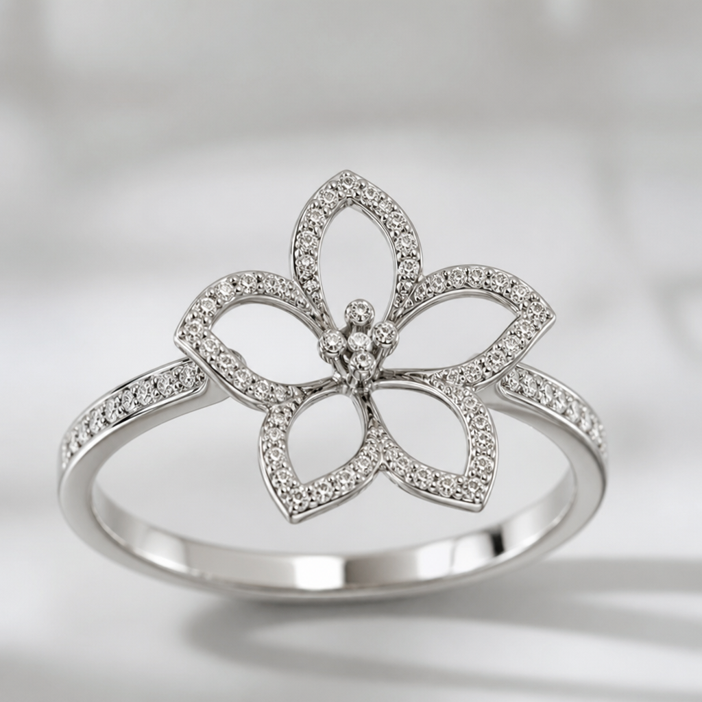 A women's ring made of silver with diamond stones. hibicus ligne fine, (diamand poutours des petales vide, toutes les petales) et delicat ,3 tres petit diamand dans le milieu au bout de la tige interieur de la fleur vide, plus detail, 5 petales chaine de chaque coté, tige qui ne depasse la fleur, minimaliste mince féminin, avec anneau pas de chaine, diamant sur lanneau
photorealistic jewelry design, A women's ring made of silver with diamond stones. hibicus ligne fine, (diamand poutours des petales vide, toutes les petales) et delicat ,3 tres petit diamand dans le milieu au bout de la tige interieur de la fleur vide, plus detail, 5 petales chaine de chaque coté, tige qui ne depasse la fleur, minimaliste mince féminin, avec anneau pas de chaine, diamant sur lanneau, modern style, just the design no text
