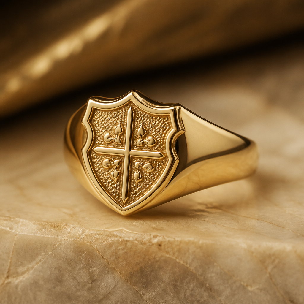 can you make a pinky ring in gold with a shiled motive and 3 ruby stones
Gold jewelry: Gold pinky ring, shield motif