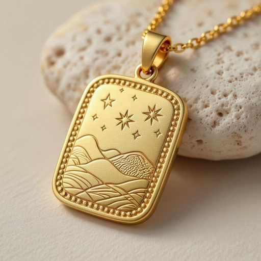 Золотой матовый медальон в форме неровного прямоугольника с округлыми краями. По краям выпуклые точки сплошной линией. На прямоугольнике разные мелкие узоры вырезаны. Символически изображена земля и звезды