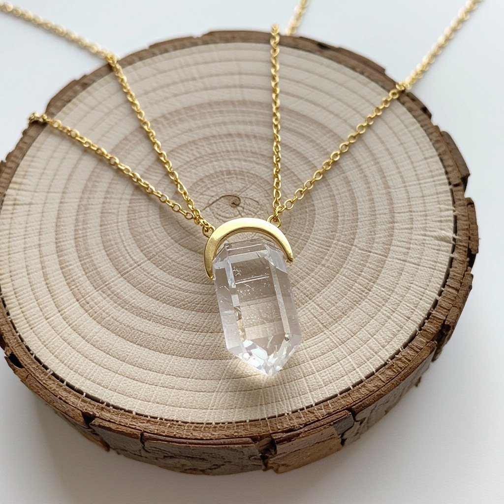 Прозрачный белый длинный кристалл горного хрусталя шестигранный золотой матовый тонкий полумесяц подвеска рядом все на одной цепочке