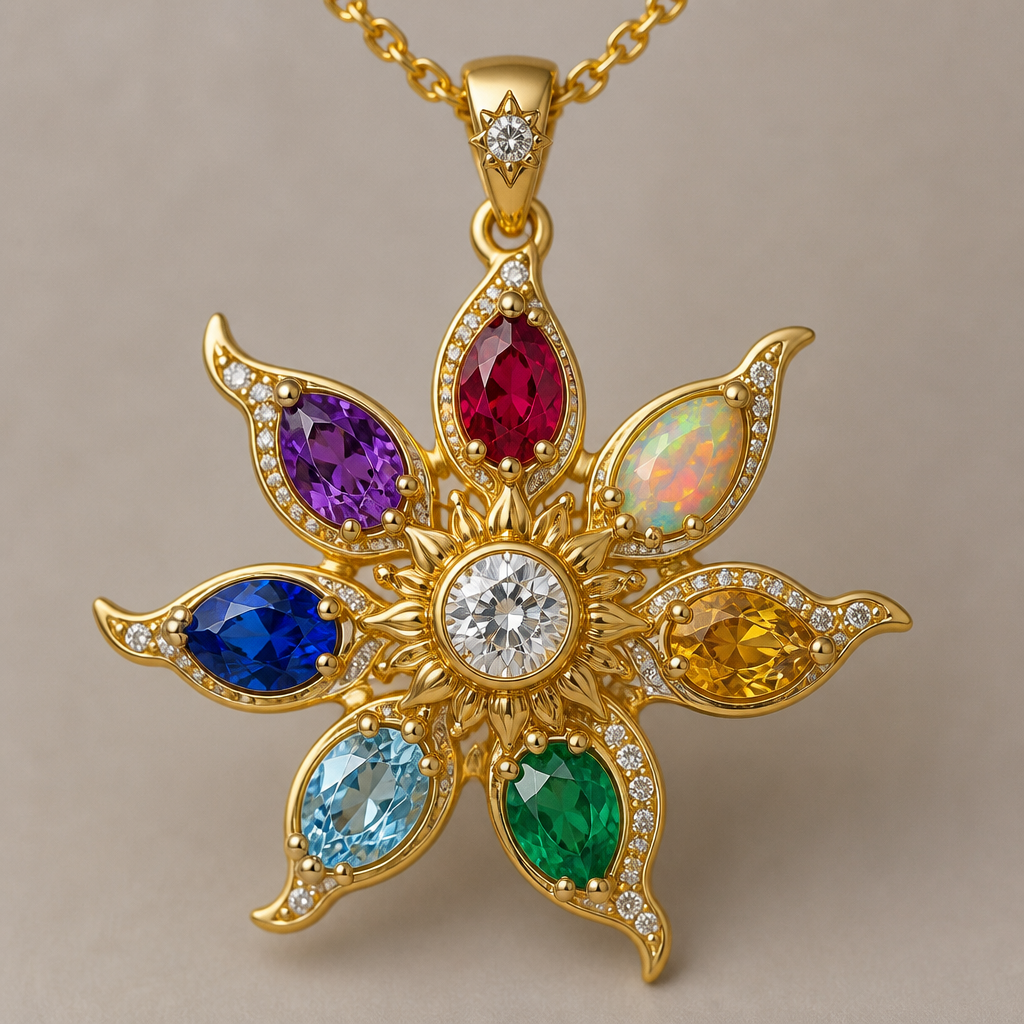 A pendant women's necklace made of gold with diamond and emerald and sapphire and ruby and amethyst and opal and aquamarine and topaz stones suitable for gift, detailed and decorative, moderately ornate. Pendentif en or en forme de soleil à sept branches, (dans le sens des aiguilles d'une montre) première branche rubis, deuxième branche opale de feu, troisième branche topaze jaune, quatrième branche émeraude, cinquième branche aigue marine, sixième branche saphir, septième branche améthyste et le diamant au milieu du pendentif.
photorealistic jewelry design, A pendant women's necklace made of gold with diamond and emerald and sapphire and ruby and amethyst and opal and aquamarine and topaz stones suitable for gift, detailed and decorative, moderately ornate. Pendentif en or en forme de soleil à sept branches, (dans le sens des aiguilles d'une montre) première branche rubis, deuxième branche opale de feu, troisième branche topaze jaune, quatrième branche émeraude, cinquième branche aigue marine, sixième branche saphir, septième branche améthyste et le diamant au milieu du pendentif., pendant style, just the design no text