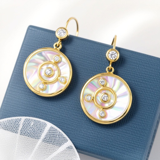 Золотые серьги в виде золотой спиральной ракушки украшенной тремя маленькими камнями 