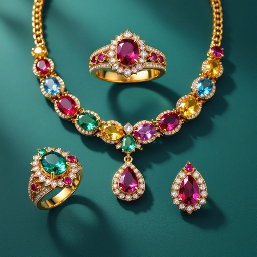 Necklace and ring and earring with luxury colorful jewel with gold