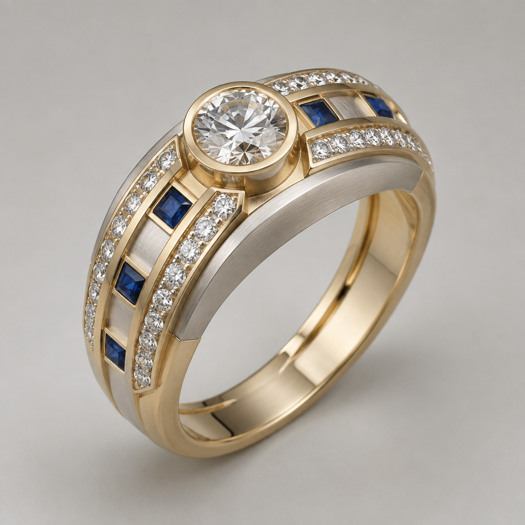 A luxury women's ring made of mixed metal with diamond and sapphire stones. design ring using 33 .10 carat diamonds, 7 .10 carat square sapphires, and one .50 carat round diamond. metals should be white and yellow gold with a matte finish. do not cluster gems.
photorealistic jewelry design, A luxury women's ring made of mixed metal with diamond and sapphire stones. design ring using 33 .10 carat diamonds, 7 .10 carat square sapphires, and one .50 carat round diamond. metals should be white and yellow gold with a matte finish. do not cluster gems., luxury style, just the design no text
