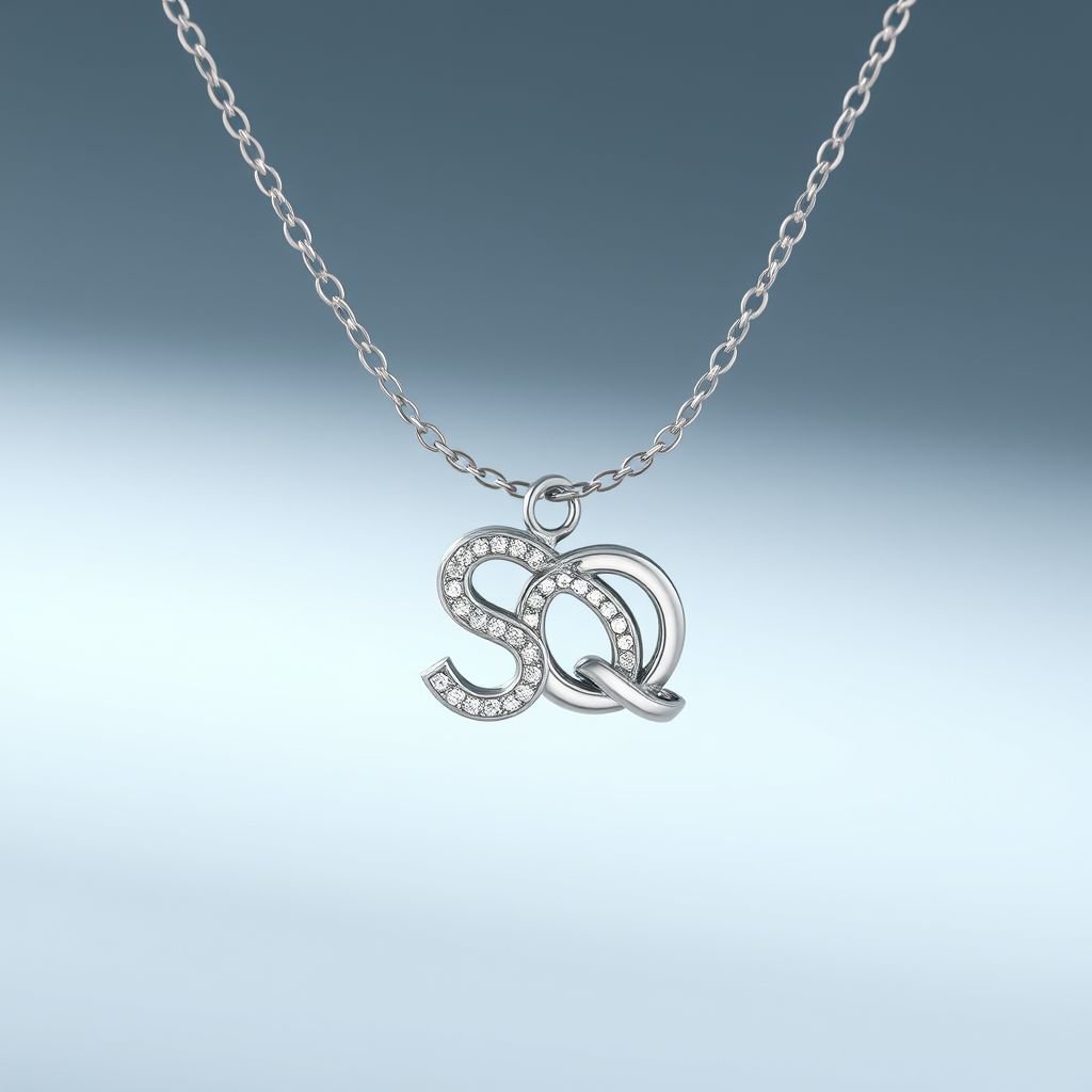 silver necklace with the pendant in letter letters SQ with white  stones. Make it cute and simple 