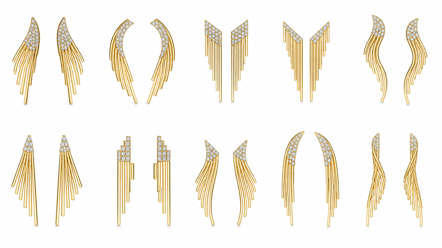 Create 10 distinctly different luxury earring design concepts using one consistent design DNA.
Target finished weight: approximately 3.0 grams per pair in 18K gold, so all concepts must be lightweight, delicate, commercially manufacturable, and wearable.
Core motif that MUST remain in all 10 designs:
Use multiple slim, parallel, graduated polished-metal bars arranged beside each other. Each bar should progressively increase or decrease in length to create a stepped, tapering silhouette. The graduated bars are the hero element of the design and must remain clearly recognizable in every variation.
Add a small refined pavé-diamond section close to the earlobe/face to create concentrated brilliance near the top. Keep the pavé area elegant and controlled so that the lower graduated gold bars remain the main visual feature.
Create 10 different silhouette/shape variations while maintaining this exact design language:
Sweeping Wing – graduated parallel bars flowing diagonally downward like an abstract wing, with a pavé curved upper edge.
Soft Crescent – bars following a gentle crescent-shaped curve around the earlobe, gradually extending downward.
Modern Waterfall – predominantly vertical graduated bars with an elegant asymmetric stepped lower edge and pavé top.
Open V-Sweep – bars arranged into a slender V-shaped directional composition, longer toward one side, with pavé defining the upper V.
Curved Wave – graduated bars following a subtle S-shaped flowing line, creating a sophisticated sense of movement.
Fan Silhouette – bars beginning from a compact pavé point near the ear and gently spreading outward into a narrow, refined fan.
Reverse Taper – short bars at the lower outer edge progressing into longer bars closer to the center, creating an unexpected inverted stepped silhouette.
Double Sweep – two small opposing groups of graduated parallel bars forming a sophisticated abstract feather/wing composition while remaining very lightweight.
Asymmetric Arc – bars arranged along a slender curved arc that hugs the ear at the top before extending into an elongated asymmetric drop.
Twisted Ribbon Interpretation – parallel graduated bars visually rotate from a narrow pavé upper section into a flowing tapered lower silhouette, creating the illusion of a ribbon without making the construction heavy.
Design direction: contemporary fine jewellery, refined architectural geometry, feminine movement, elegant negative space, sophisticated proportions, extremely clean craftsmanship, delicate rather than bulky, premium 18K gold appearance, micro-pavé diamonds, polished metal surfaces.
Weight engineering: design specifically for a maximum target of approximately 3 grams for the complete pair. Use very slender bars, minimal unnecessary metal, compact pavé areas and lightweight construction. Avoid thick solid components, oversized stone sections or heavy cast volumes.
Keep all 10 concepts visibly related as one collection, but make the overall outline and direction of movement clearly different in every design.
Important: Do not simply reproduce the reference earring. Develop genuinely new silhouettes using only its design principles of parallel graduated bars + stepped taper + concentrated pavé brilliance near the face.
Show the 10 designs together as a professional jewellery concept sheet, numbered 01–10, front view, isolated on a clean white background, identical scale, no model, no decorative background, high-detail realistic jewellery rendering, suitable for evaluating shapes before CAD development.
Add this for more original results
At the end of the prompt, add:
Avoid: generic feather earrings, literal bird wings, tassel chains, straight bar earrings, repetitive variations, overly large pavé surfaces, bulky metal, floral motifs, conventional chandelier earrings, and designs that differ only by bar length. Each concept must have a genuinely different outer silhouette and structural flow.
photorealistic jewelry design, Create 10 distinctly different luxury earring design concepts using one consistent design DNA.
Target finished weight: approximately 3.0 grams per pair in 18K gold, so all concepts must be lightweight, delicate, commercially manufacturable, and wearable.
Core motif that MUST remain in all 10 designs:
Use multiple slim, parallel, graduated polished-metal bars arranged beside each other. Each bar should progressively increase or decrease in length to create a stepped, tapering silhouette. The graduated bars are the hero element of the design and must remain clearly recognizable in every variation.
Add a small refined pavé-diamond section close to the earlobe/face to create concentrated brilliance near the top. Keep the pavé area elegant and controlled so that the lower graduated gold bars remain the main visual feature.
Create 10 different silhouette/shape variations while maintaining this exact design language:
Sweeping Wing – graduated parallel bars flowing diagonally downward like an abstract wing, with a pavé curved upper edge.
Soft Crescent – bars following a gentle crescent-shaped curve around the earlobe, gradually extending downward.
Modern Waterfall – predominantly vertical graduated bars with an elegant asymmetric stepped lower edge and pavé top.
Open V-Sweep – bars arranged into a slender V-shaped directional composition, longer toward one side, with pavé defining the upper V.
Curved Wave – graduated bars following a subtle S-shaped flowing line, creating a sophisticated sense of movement.
Fan Silhouette – bars beginning from a compact pavé point near the ear and gently spreading outward into a narrow, refined fan.
Reverse Taper – short bars at the lower outer edge progressing into longer bars closer to the center, creating an unexpected inverted stepped silhouette.
Double Sweep – two small opposing groups of graduated parallel bars forming a sophisticated abstract feather/wing composition while remaining very lightweight.
Asymmetric Arc – bars arranged along a slender curved arc that hugs the ear at the top before extending into an elongated asymmetric drop.
Twisted Ribbon Interpretation – parallel graduated bars visually rotate from a narrow pavé upper section into a flowing tapered lower silhouette, creating the illusion of a ribbon without making the construction heavy.
Design direction: contemporary fine jewellery, refined architectural geometry, feminine movement, elegant negative space, sophisticated proportions, extremely clean craftsmanship, delicate rather than bulky, premium 18K gold appearance, micro-pavé diamonds, polished metal surfaces.
Weight engineering: design specifically for a maximum target of approximately 3 grams for the complete pair. Use very slender bars, minimal unnecessary metal, compact pavé areas and lightweight construction. Avoid thick solid components, oversized stone sections or heavy cast volumes.
Keep all 10 concepts visibly related as one collection, but make the overall outline and direction of movement clearly different in every design.
Important: Do not simply reproduce the reference earring. Develop genuinely new silhouettes using only its design principles of parallel graduated bars + stepped taper + concentrated pavé brilliance near the face.
Show the 10 designs together as a professional jewellery concept sheet, numbered 01–10, front view, isolated on a clean white background, identical scale, no model, no decorative background, high-detail realistic jewellery rendering, suitable for evaluating shapes before CAD development.
Add this for more original results
At the end of the prompt, add:
Avoid: generic feather earrings, literal bird wings, tassel chains, straight bar earrings, repetitive variations, overly large pavé surfaces, bulky metal, floral motifs, conventional chandelier earrings, and designs that differ only by bar length. Each concept must have a genuinely different outer silhouette and structural flow., just the design no text