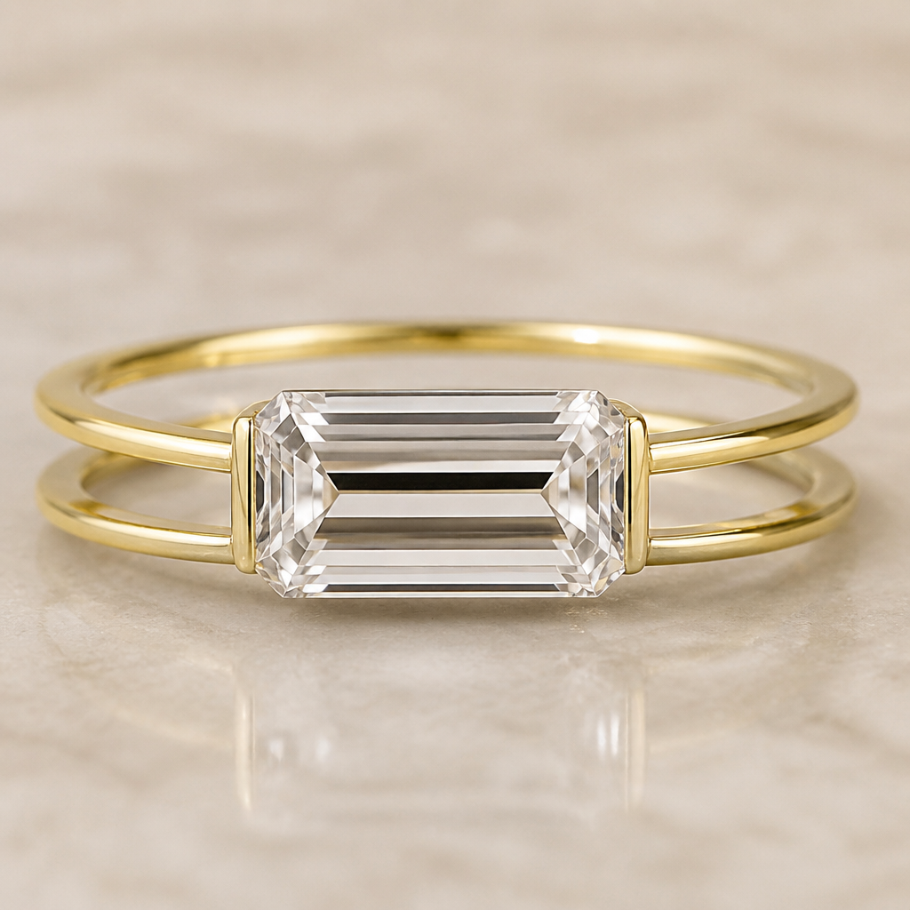A 10ct emerald cut clear diamond that is east west on a ring. The ring is double banded and the bands are extremely thin and a quarter inch apart. The bands widths get smaller as they approach the stone. The stone hangs over the bands on the top and bottom. All of the metal is yellow gold
photorealistic jewelry design, A 10ct emerald cut clear diamond that is east west on a ring. The ring is double banded and the bands are extremely thin and a quarter inch apart. The bands widths get smaller as they approach the stone. The stone hangs over the bands on the top and bottom. All of the metal is yellow gold , minimalist style, just the design no text
