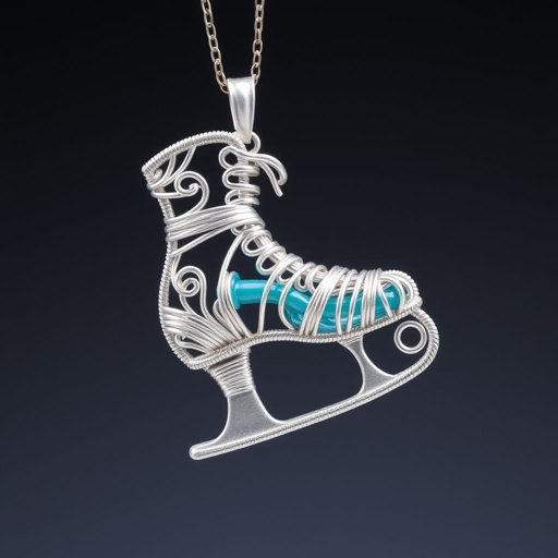 Silver Pendant shape one ice skate with turquoise stripe inside the low thin part blade