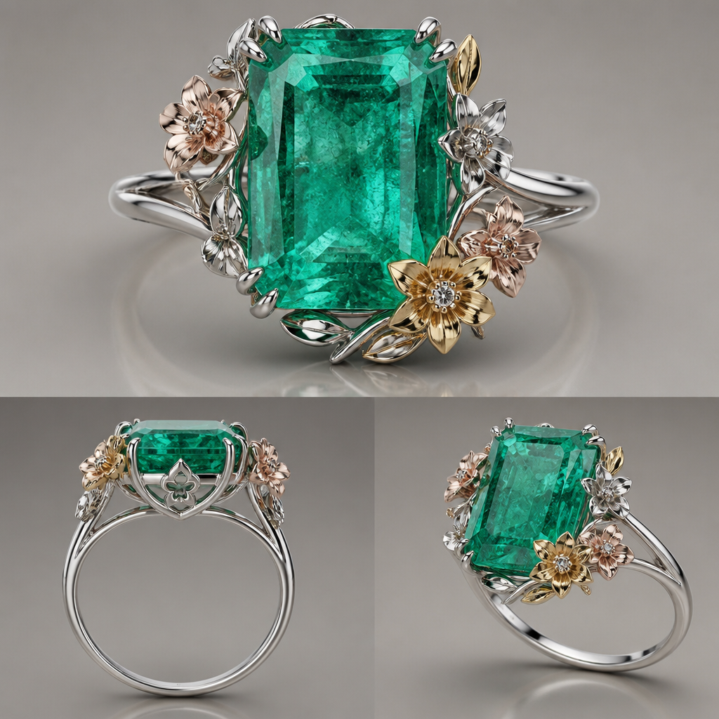 A luxury women's ring made of white gold with emerald and diamond stones. Quero um anel sofisticado em ouro branco. A gema é uma esmeralda colombiana de 21,37mm de altura; 17,12mm de largura e 10,07mm de medida da culaça até a mesa.
Quero que o aro seja fino, delicado, dando destaque à gema. Galeria dupla para cravar a esmeralda.
Quero que o anel possua alguma flores delicadas nos três tons de ouro e que o miolo dessas flores seja um diamante.
Não quero as flores todas alinhadas. Quero algo bem harmônico e com movimento.
photorealistic jewelry design, A luxury women's ring made of white gold with emerald and diamond stones. Quero um anel sofisticado em ouro branco. A gema é uma esmeralda colombiana de 21,37mm de altura; 17,12mm de largura e 10,07mm de medida da culaça até a mesa.
Quero que o aro seja fino, delicado, dando destaque à gema. Galeria dupla para cravar a esmeralda.
Quero que o anel possua alguma flores delicadas nos três tons de ouro e que o miolo dessas flores seja um diamante.
Não quero as flores todas alinhadas. Quero algo bem harmônico e com movimento., luxury style, just the design no text