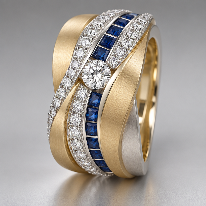 A women's ring made of mixed metal with diamond and sapphire stones. design a ring with 33 .10 carat diamonds, 7 .10 carat square blue sapphires, and one .50 carat round diamond, using white and yellow gold in a matte finish. band should be wide.
using the attached image as a visual reference, create A women's ring made of mixed metal with diamond and sapphire stones. design a ring with 33 .10 carat diamonds, 7 .10 carat square blue sapphires, and one .50 carat round diamond, using white and yellow gold in a matte finish. band should be wide.. photorealistic, just the design no text