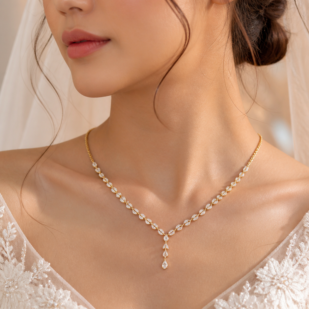 A modern women's necklace made of gold with diamond stones suitable for wedding. I want wedding girl photo
photorealistic jewelry design, A modern women's necklace made of gold with diamond stones suitable for wedding. I want wedding girl photo, modern style, just the design no text
