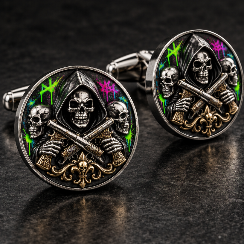 A gothic men's cufflinks made of mixed metal suitable for formal. a reaper with skeletonswith neon graffiti around the skull and pistols crossing "the family " written in old english
using the attached image as a visual reference, create A gothic men's cufflinks made of mixed metal suitable for formal. a reaper with skeletonswith neon graffiti around the skull and pistols crossing "the family " written in old english. photorealistic, just the design no text