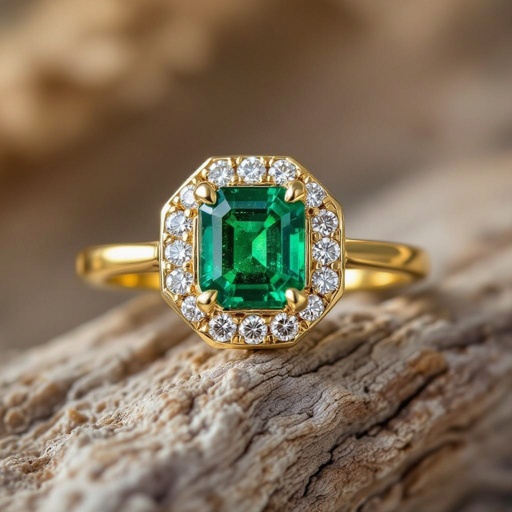 Anillo en oro con esmeralda trapiche con redonda y solo seis diamantes al rededor que forme un hexágono en el metal