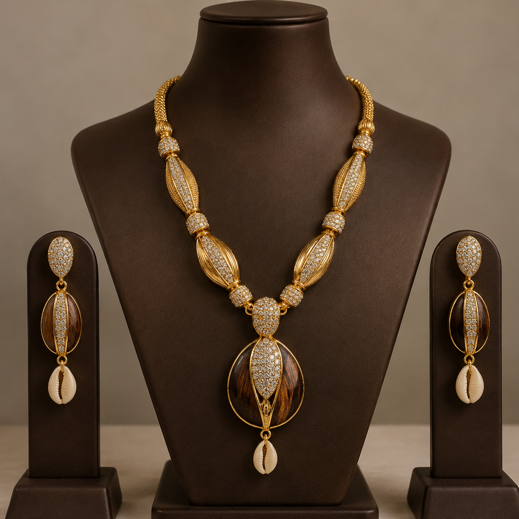A african women's earrings made of gold with diamond stones. Collier en or avec coque de coco surmonté de diamant et coque de coco en pendant if.
photorealistic jewelry design, A african women's earrings made of gold with diamond stones. Collier en or avec coque de coco surmonté de diamant et coque de coco en pendant if., african style, just the design no text