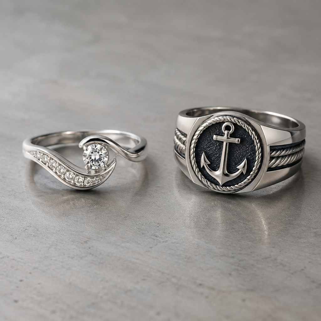 A women's ring made of silver. nautical them men's ring
photorealistic jewelry design, A women's ring made of silver. nautical them men's ring, modern style, just the design no text