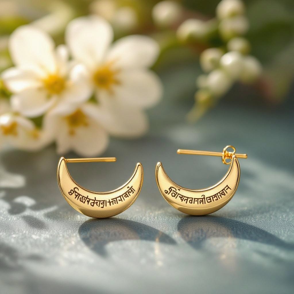 Серьги золотые в форме тонкого изящного полумесяца, полукруг как продолжение застежки, на полукруге надписи мантрами на санскрите