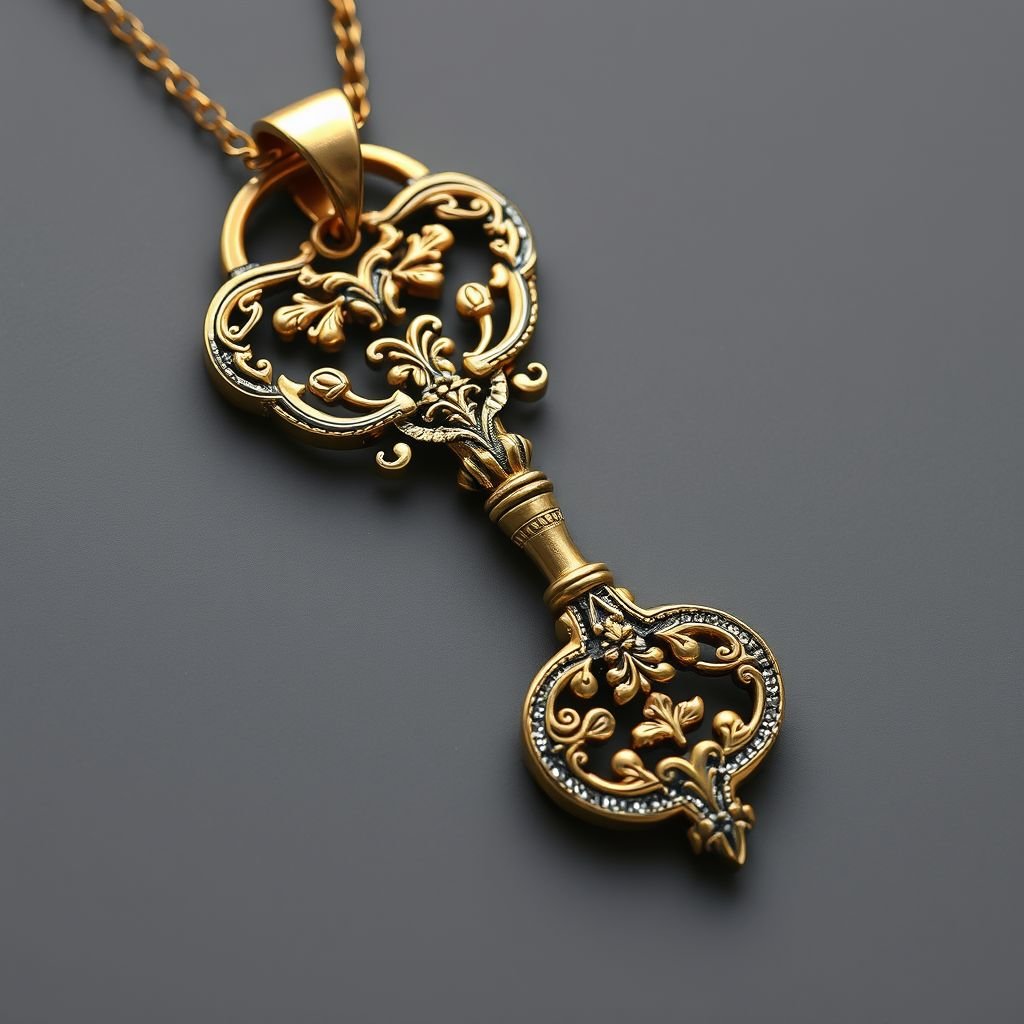 Old skeleton key shape gold and silver tones with olive branch turning on leg and keffieh print on the tip