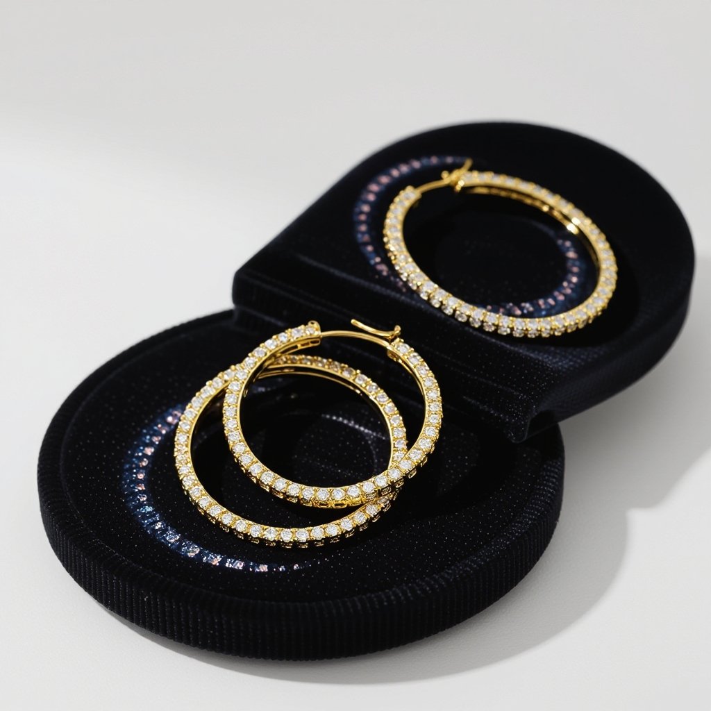 Eclipsera Hoops 	•	Style: Eclipse-inspired double hoop; smaller hoop suspended on chain inside larger hoop. 	•	Dimensions: Outer hoop Ø 26 mm; inner hoop Ø 14 mm. 	•	Material: 18K gold-plated sterling silver. 	•	Gem Details: Tiny pavé CZ/lab diamonds on smaller inner hoop. 	•	Closure: Lock-in hinge snap closure. 	•	Notes: Inner hoop must rotate freely with slight shimmer.