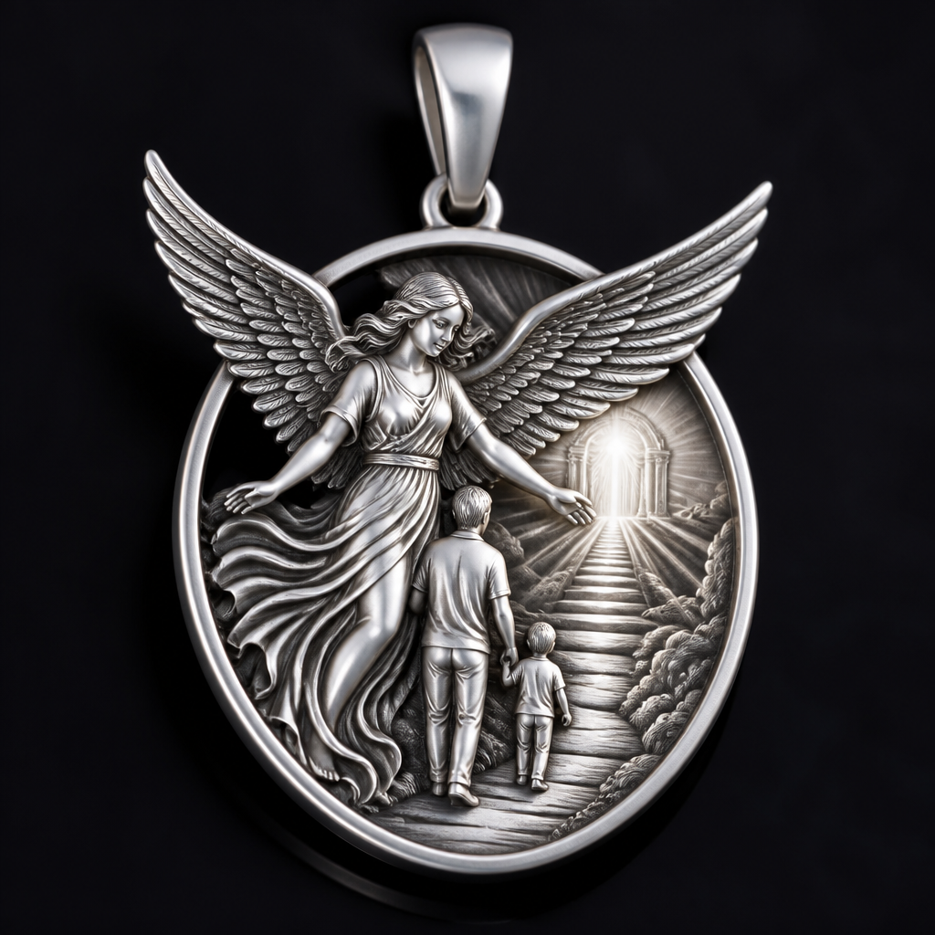 A modern women's pendant made of silver suitable for festival. An extraordinary excellent beautiful delicate and elegant pendant with the Guardian Angel with a beautiful delicate and elegant face, with long hair, with big wings flying, with a beautiful delicate elegant and with beautiful curves at her body, with a beautiful delicate and elegant tunic holding a child and an adult with its hands protecting them and guiding them on the way of the Holy Trinity. Sawing the way of the Holy Trinity in front of them.