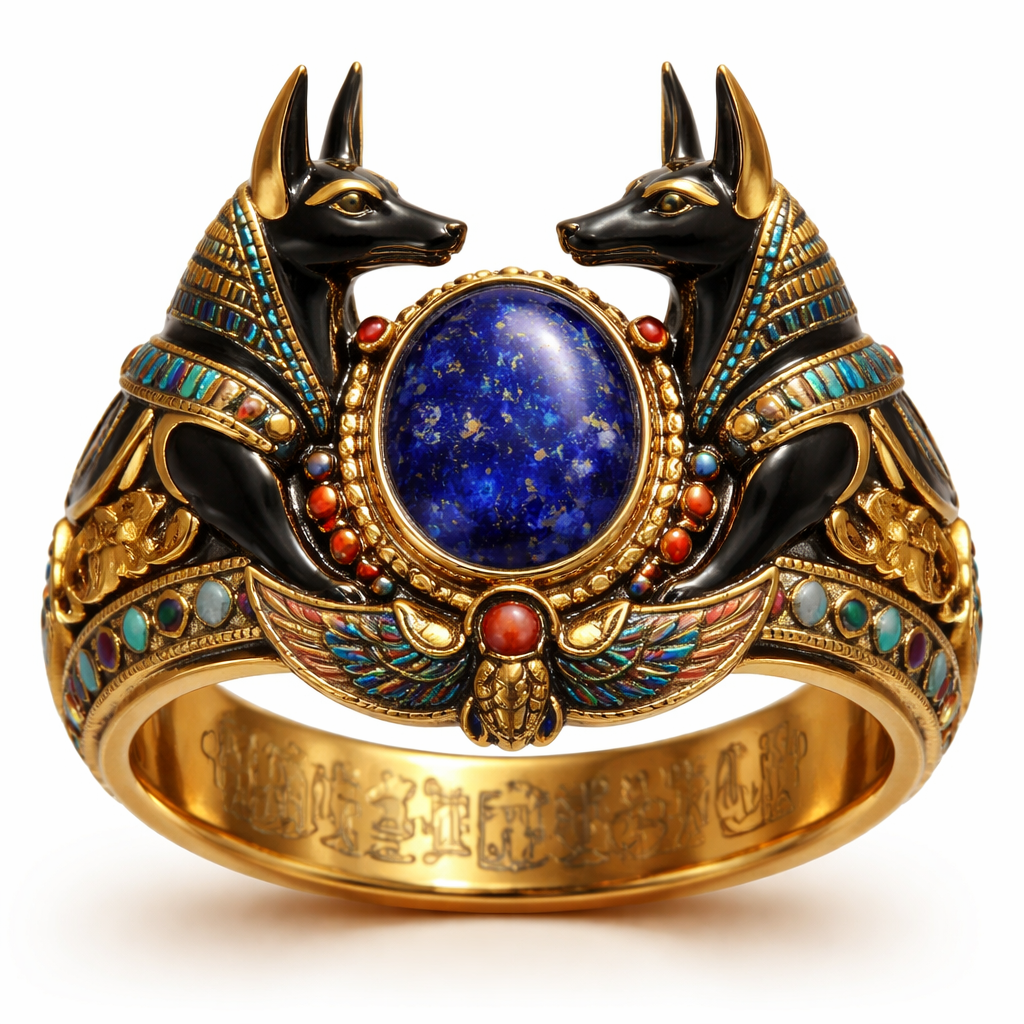 A golden ring with Egyptian jackal guards on it
A golden ring with Egyptian jackal guards on it, egyptian style
