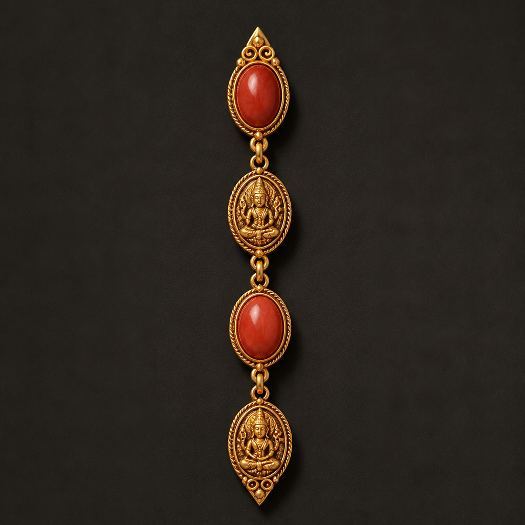 Small oval shape coral one Laxmi with pointed head top again one coral one Laci one after another
photorealistic jewelry design, Small oval shape coral one Laxmi with pointed head top again one coral one Laci one after another , ethnic style, just the design no text