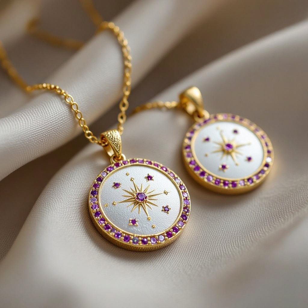 Серьги и кулон в одном стиле. Светлое матовое состаренное мятое золото. В окружности символ созвездия. Очень маленькие сиреневые камушки. 