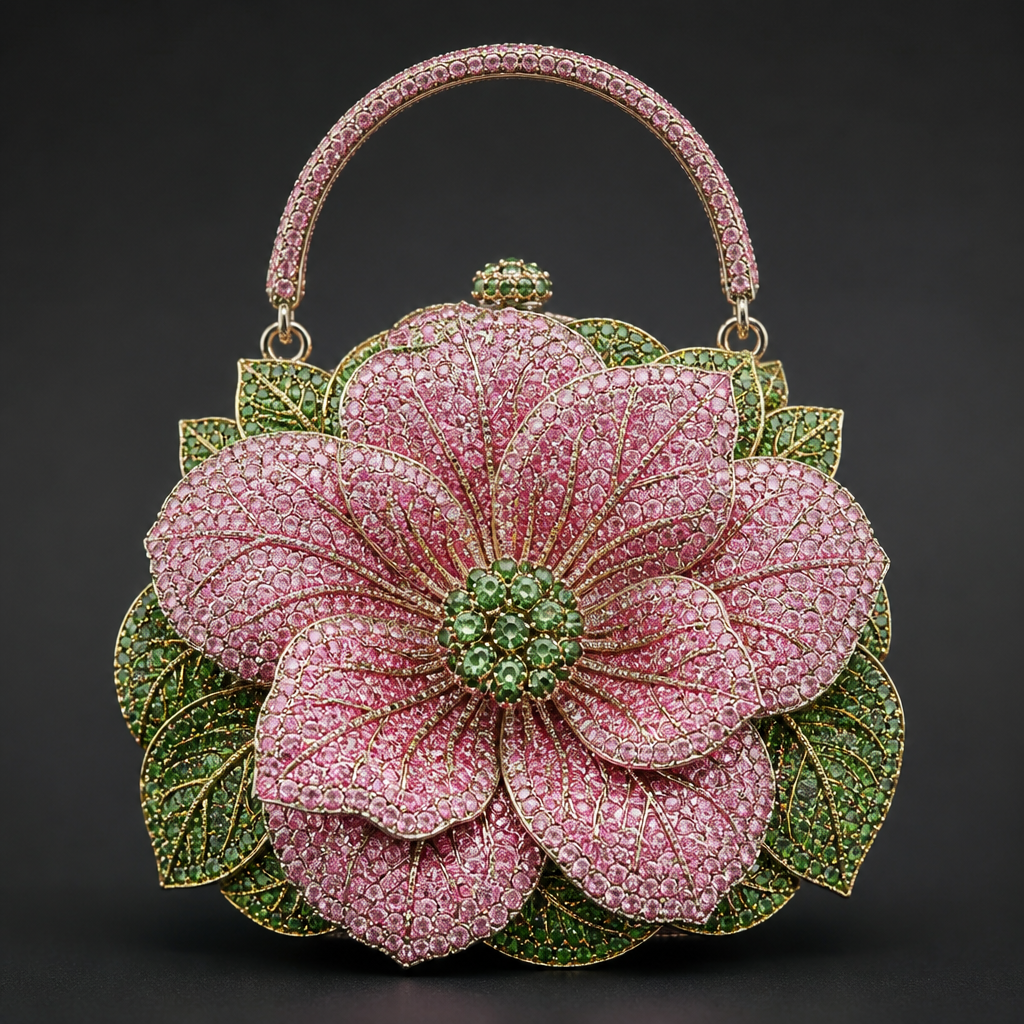 Pink and green diamond flower purse
photorealistic jewelry design, Pink and green diamond flower purse , just the design no text