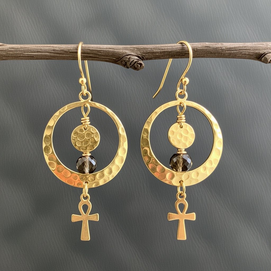 Золотые серьги словно мятое золото в форме узкого изящного полумесяца. Верхушка полумесяца крепится к застежке серьги. К нижней части полумесяца крепятся три подвески: миниатюрный золотой египетриский крест, очень маленький кристалл раухтопаза и маленький золотой кружочек с мятым эффектом плоский