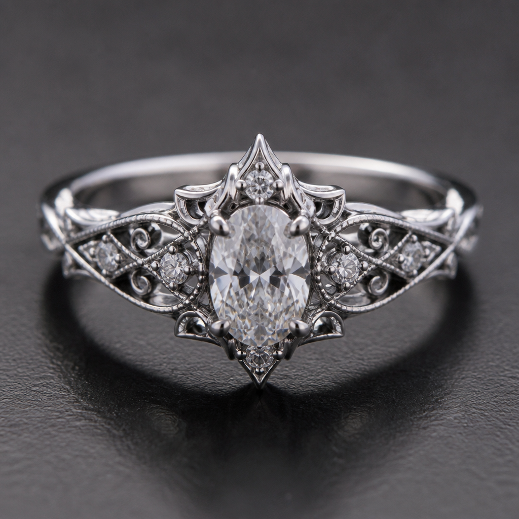 A gothic women's ring made of white gold with diamond stones suitable for wedding. A 0.70-carat oval diamond is used as the center stone.
photorealistic jewelry design, A gothic women's ring made of white gold with diamond stones suitable for wedding. A 0.70-carat oval diamond is used as the center stone., gothic style, just the design no text