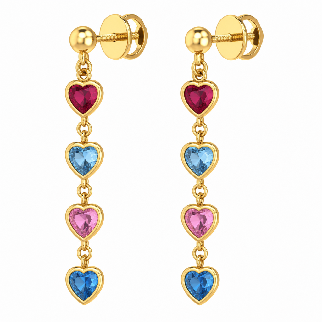 make screw dangling earrings with bezel heart setting with ruby, blue topaz, pink topaz, blue topaz - all in 1ct yellow gold