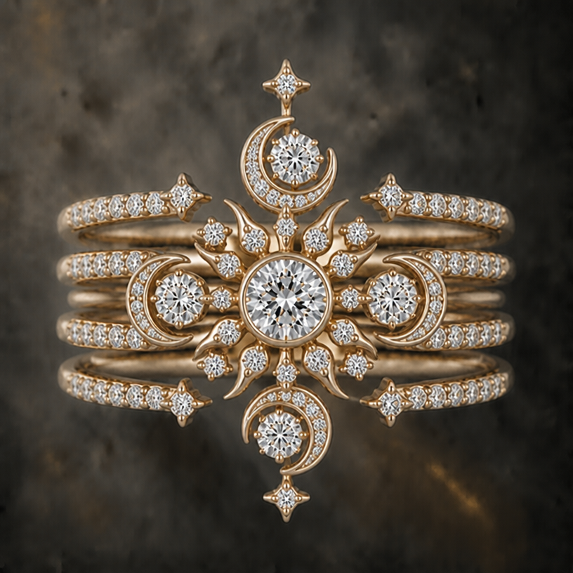 Give me a completely different design, same concept as the moon and the sun
Design a very feminine diamond ring for a wedding ring and engagement multi stackable yellow, 14 carat gold that has
1 ct diamond
3 0.25 ct of diamonds
12 0.1 ct of diamonds
22 0.05 ct of diamonds
Center 1 ct diamond being the sun
3 0.25 ct being the moon
edit the attached jewelry design with these instructions: Give me a completely different design, same concept as the moon and the sun
Design a very feminine diamond ring for a wedding ring and engagement multi stackable yellow, 14 carat gold that has
1 ct diamond
3 0.25 ct of diamonds
12 0.1 ct of diamonds
22 0.05 ct of diamonds
Center 1 ct diamond being the sun
3 0.25 ct being the moon. keep it photorealistic, just the design no text