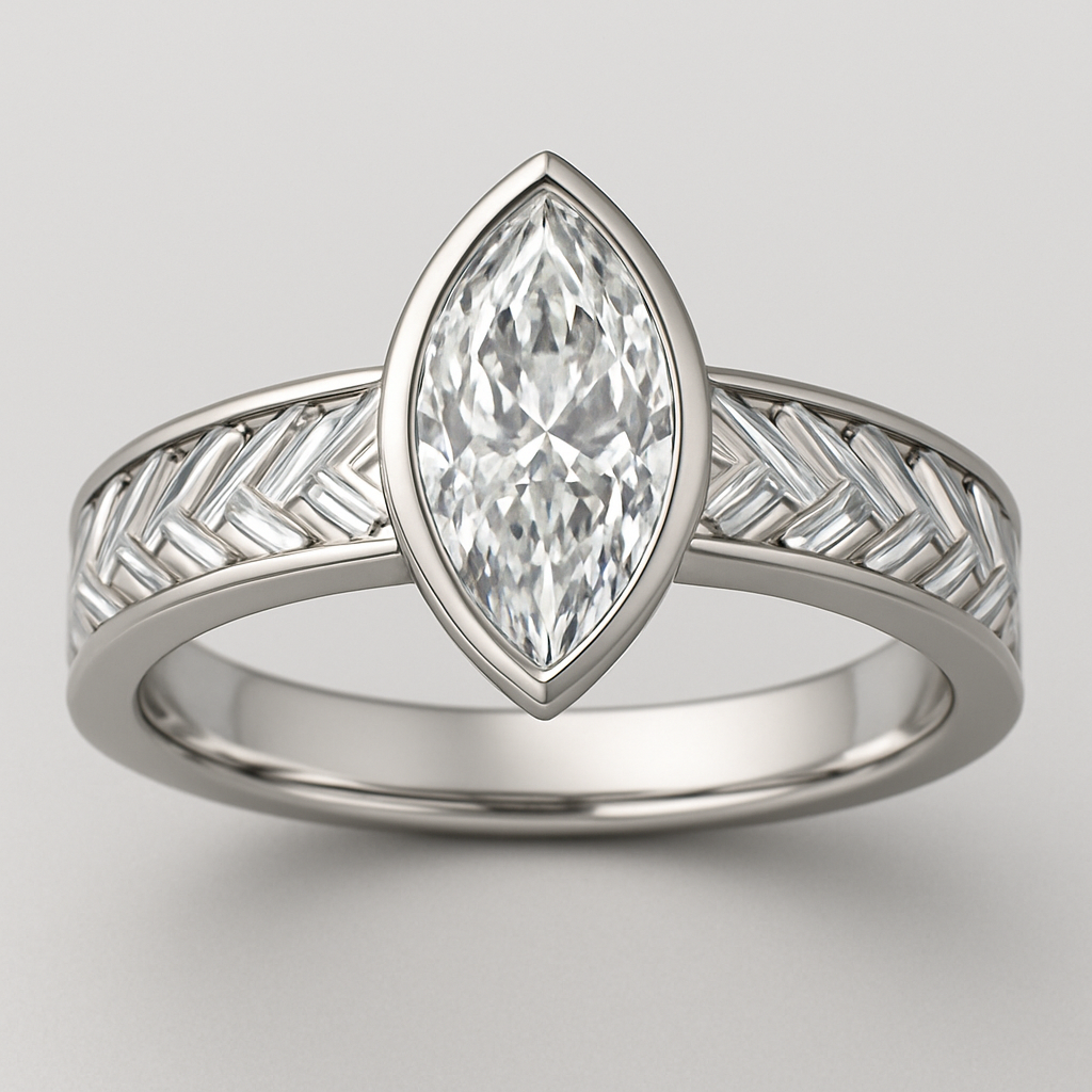 Bezel set 6 carat marquise diamond center stone with baguette diamonds in a herringbone pattern in the band