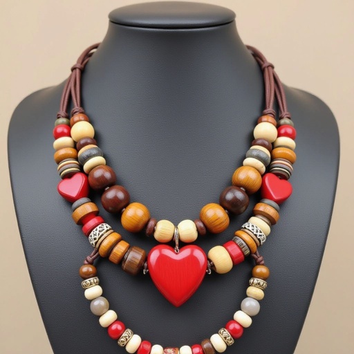 Necklace cute, intricate design, wood pearls and leather lace, with red hearts pearls and brown, beige and grey pearls