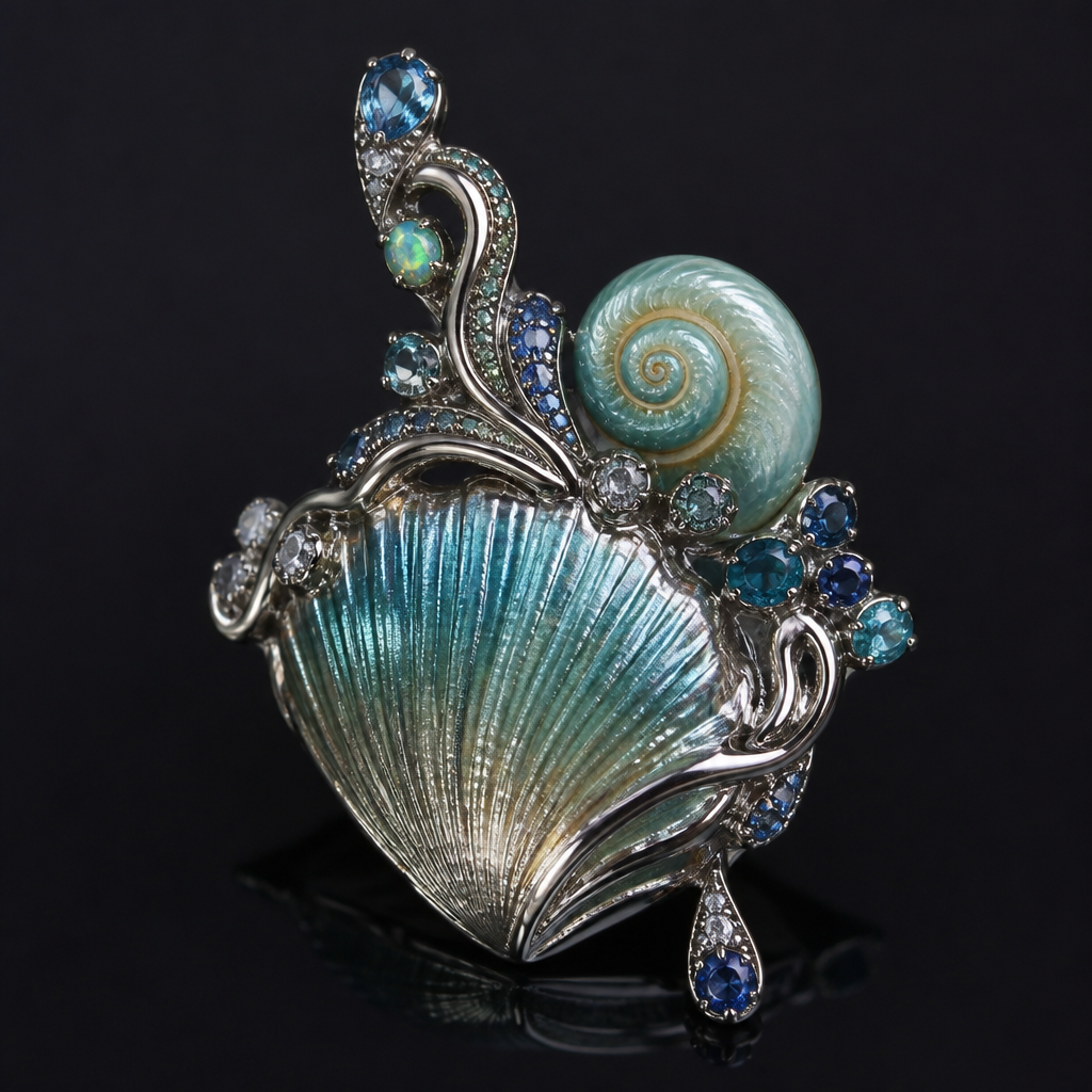Ocean shells fancy prestige jewelry blue green or purple
photorealistic jewelry design, Ocean shells fancy prestige jewelry blue green or purple, modern style, just the design no text