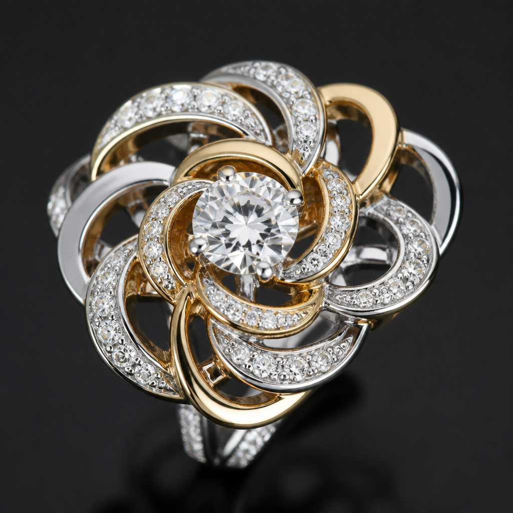 A statement women's ring made of mixed metal with diamond stones suitable for festival. An extraordinary excellent beautiful delicate and elegant solitaire women ring. Face of the ring.
photorealistic jewelry design, A statement women's ring made of mixed metal with diamond stones suitable for festival. An extraordinary excellent beautiful delicate and elegant solitaire women ring. Face of the ring., statement style, just the design no text