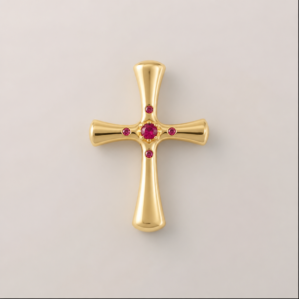 Dainty and feminine Gold cross with rubies, majority gold . Hidden bail
photorealistic jewelry design, Dainty and feminine Gold cross with rubies, majority gold . Hidden bail, contemporary style, just the design no text
