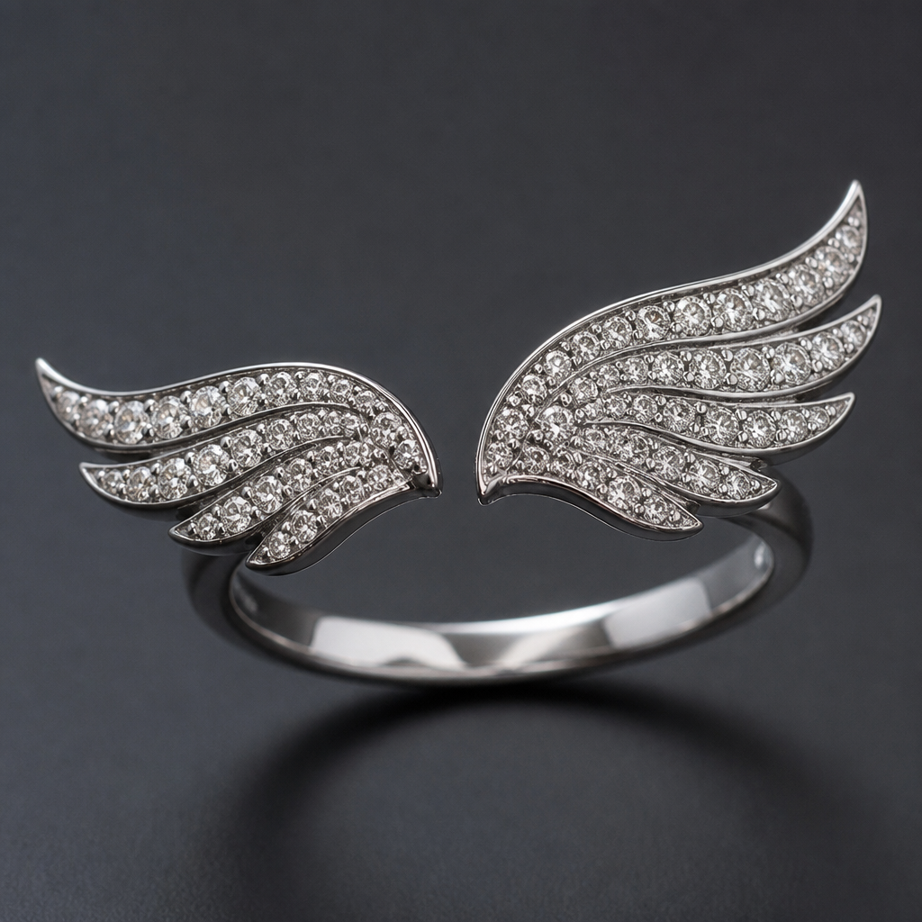 A women's ring. Design the female ring with two angels wings πͺ½ with diamonds
photorealistic jewelry design, A women's ring. Design the female ring with two angels wings πͺ½ with diamonds, modern style, just the design no text