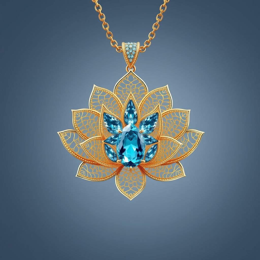 A 50 carat lotus shaped pendant necklace with VVS Nanette-cut turquoise sapphire gemstones and gold chain 