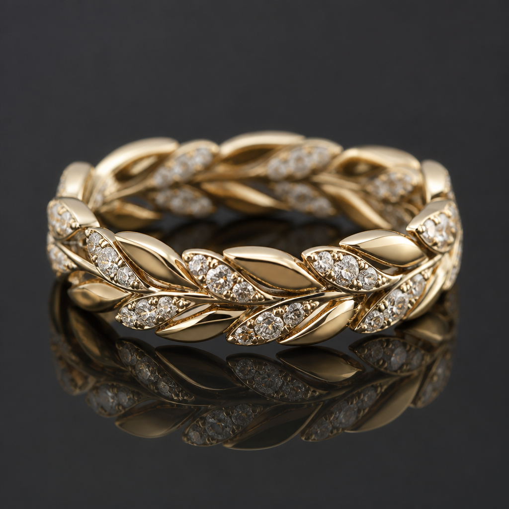 Small leaves twisted in a band with diamonds
photorealistic jewelry design, Small leaves twisted in a band with diamonds
, statement style, just the design no text