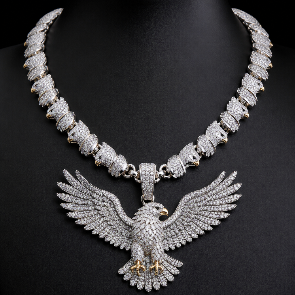 A modern men's necklace made of silver with diamond stones suitable for party. crea una cadena con 24 pulgadas iced out con plata CZ y que todas las partes de la cadena sean águilas con sus colores respectivos osea los colores de la aguila blanca que todo sea águila el mango el dije todo
photorealistic jewelry design, A modern men's necklace made of silver with diamond stones suitable for party. crea una cadena con 24 pulgadas iced out con plata CZ y que todas las partes de la cadena sean águilas con sus colores respectivos osea los colores de la aguila blanca que todo sea águila el mango el dije todo, modern style, just the design no text