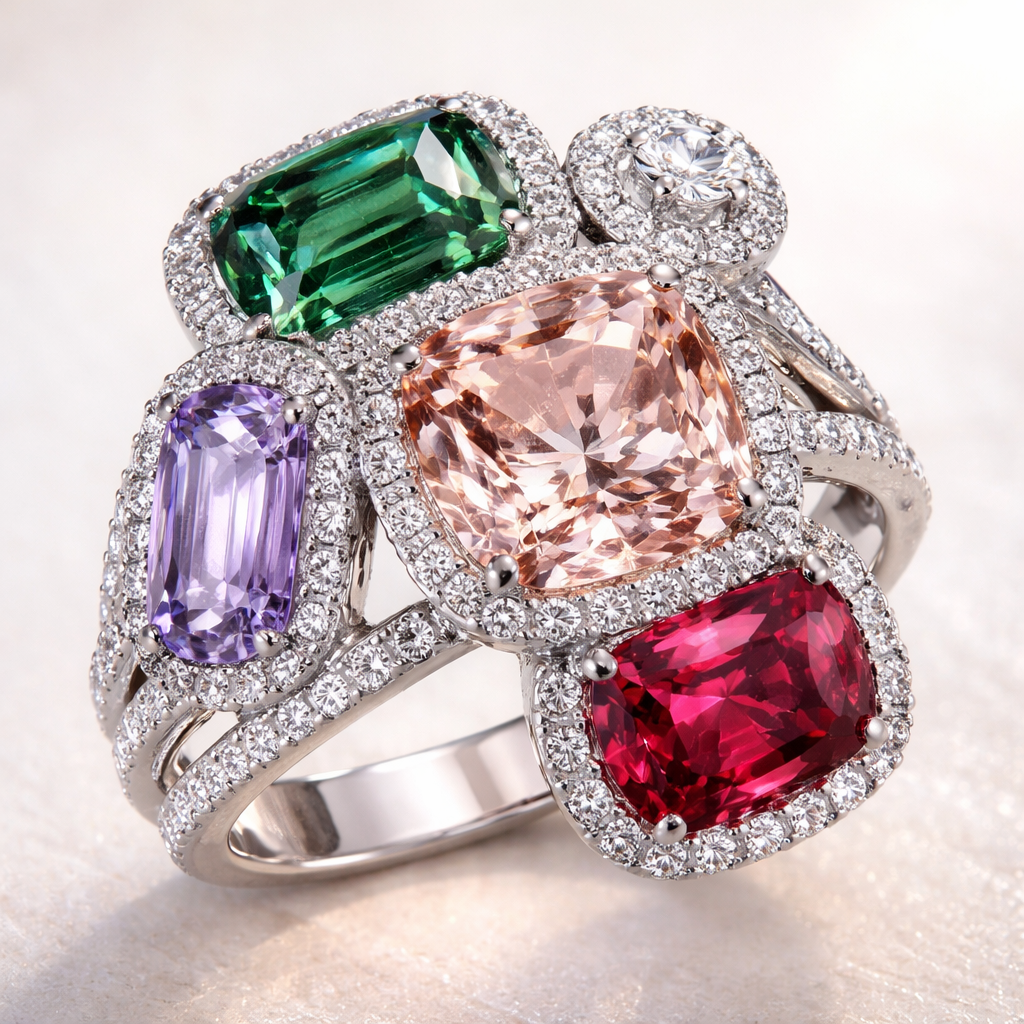 Crée moi une bague avec une morganite coussin une tsavorite taille émeraude un diamant rond un Spinel Lila taille émeraude et un Spinel rouge coussin