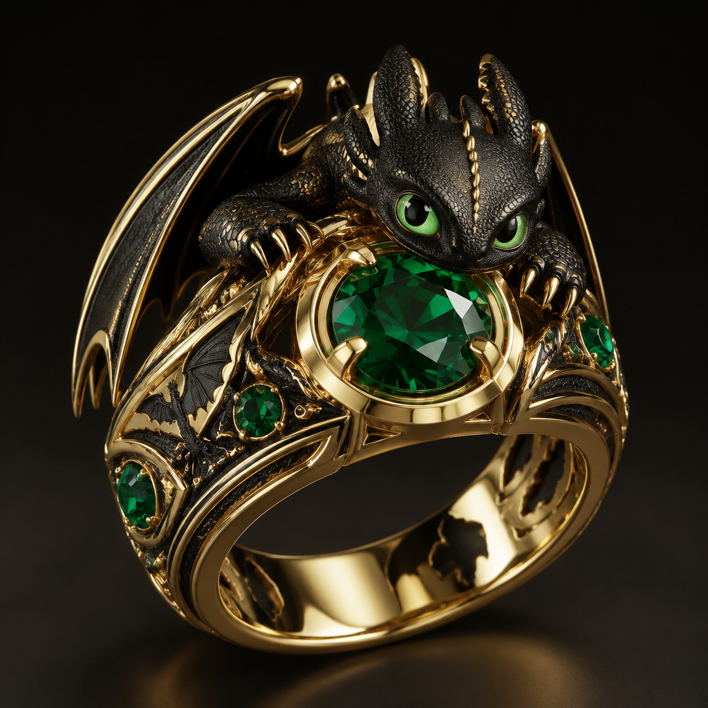 A men's ring made of gold with emerald stones, highly ornate, intricate and elaborate, richly detailed. Quiero un diseño de anillo que sea de graduacion de primaria en forma de el dragon chimuelo el furia nocturna que ponga Frank
photorealistic jewelry design, A men's ring made of gold with emerald stones, highly ornate, intricate and elaborate, richly detailed. Quiero un diseño de anillo que sea de graduacion de primaria en forma de el dragon chimuelo el furia nocturna que ponga Frank, modern style, just the design no text