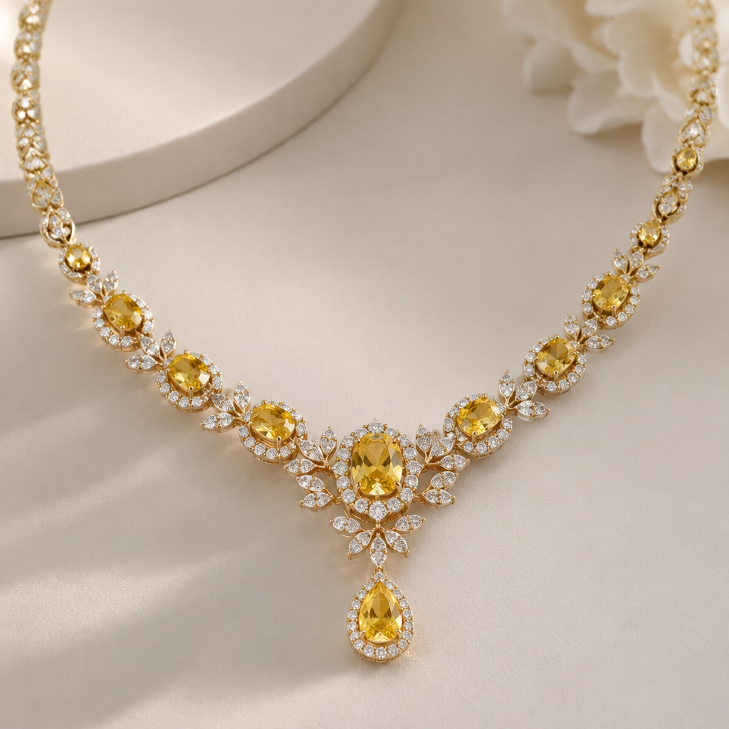 A women's necklace suitable for wedding. yellow sapphire
photorealistic jewelry design, A women's necklace suitable for wedding. yellow sapphire, modern style, just the design no text