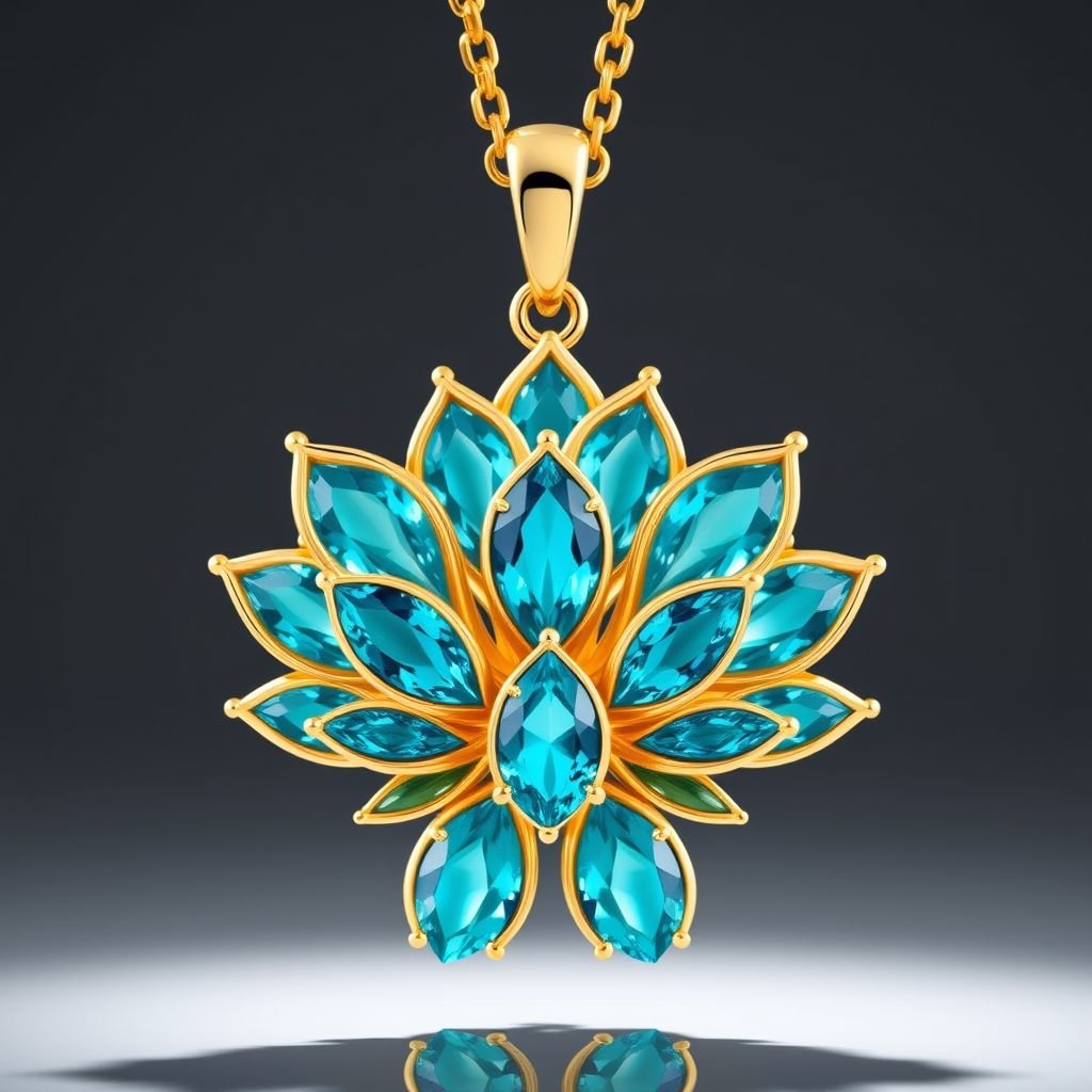 A 50 carat lotus shaped pendant necklace with VVS Nanette-cut turquoise sapphire gemstones and gold chain 