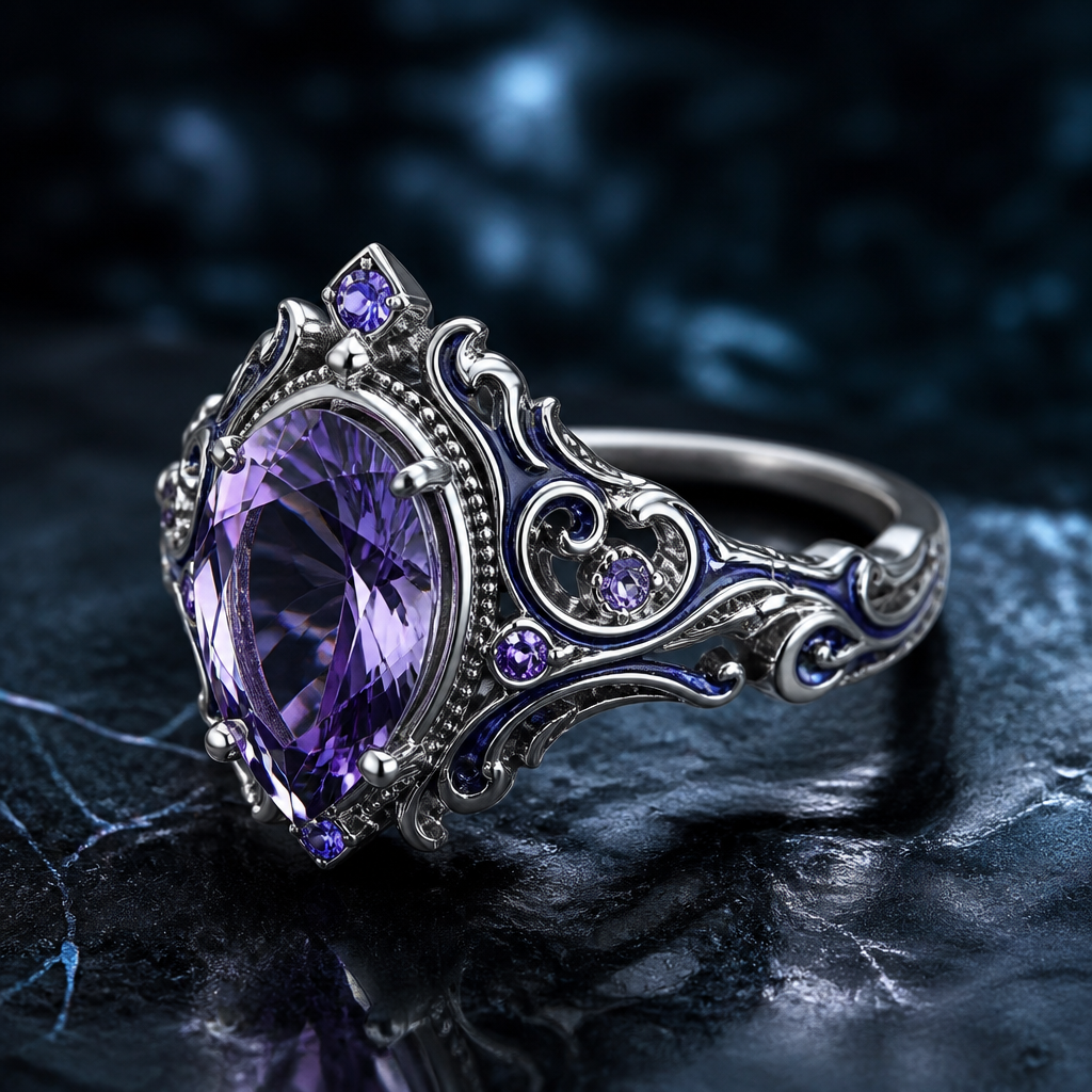 A gothic women's ring made of silver with amethyst stones suitable for engagement. Стихия воды . покроя узоры можно добавить эмаль.
photorealistic jewelry design, A gothic women's ring made of silver with amethyst stones suitable for engagement. Стихия воды . покроя узоры можно добавить эмаль., gothic style, just the design no text