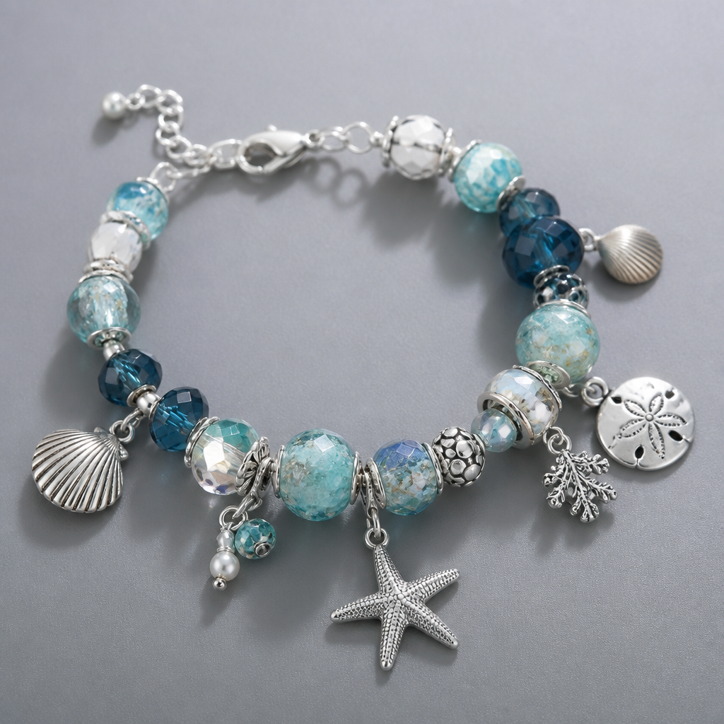 A women's ring. marine based bracelet with beads crystals charms
photorealistic jewelry design, A women's ring. marine based bracelet with beads crystals charms, modern style, just the design no text