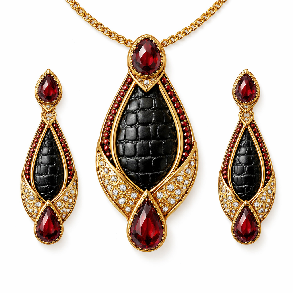 Create pendant for Brahmin with crocodile leather patterns with garnets in gold with matching earrings